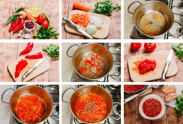 Cuisson étape par étape plat de soupe aux tomates poivrons et haricots rouges — Photo